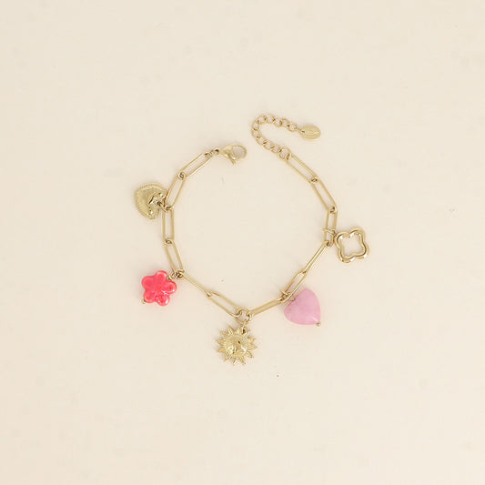 Bracelet - cœurs, perle fleur, soleil, trèfle (17+3 cm)