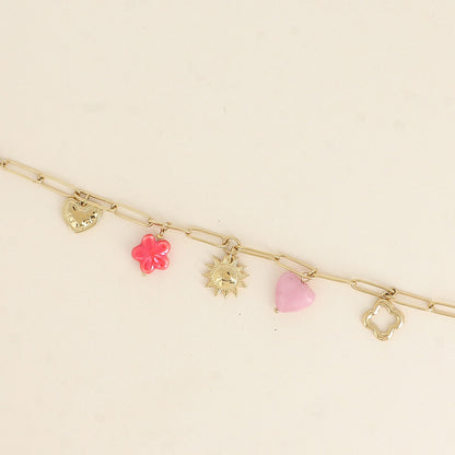 Bracelet - cœurs, perle fleur, soleil, trèfle (17+3 cm)