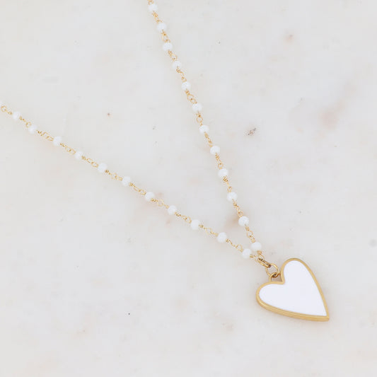 Collier avec pâtes de verre et pendentif forme cœur émaillé (37.5+5CM)