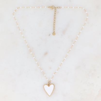 Collier avec pâtes de verre et pendentif forme cœur émaillé (37.5+5CM)