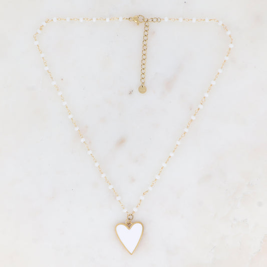 Collier avec pâtes de verre et pendentif forme cœur émaillé (37.5+5CM)