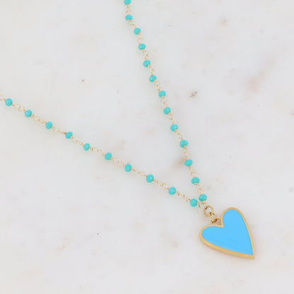 Collier avec pâtes de verre et pendentif forme cœur émaillé (37.5+5CM)