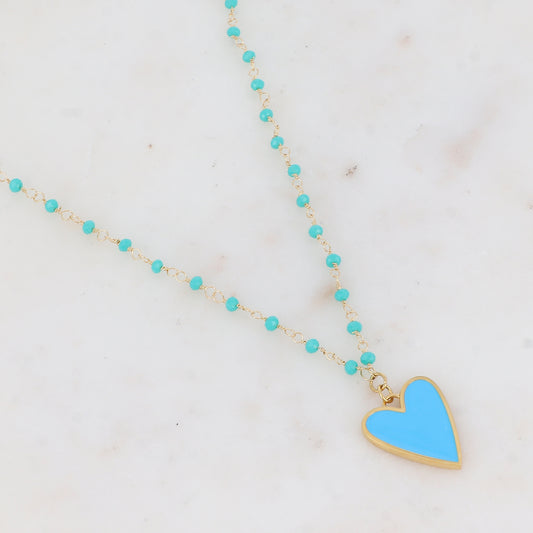 Collier avec pâtes de verre et pendentif forme cœur émaillé (37.5+5CM)