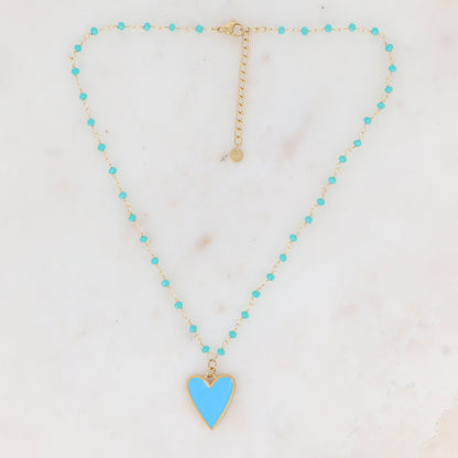 Collier avec pâtes de verre et pendentif forme cœur émaillé (37.5+5CM)