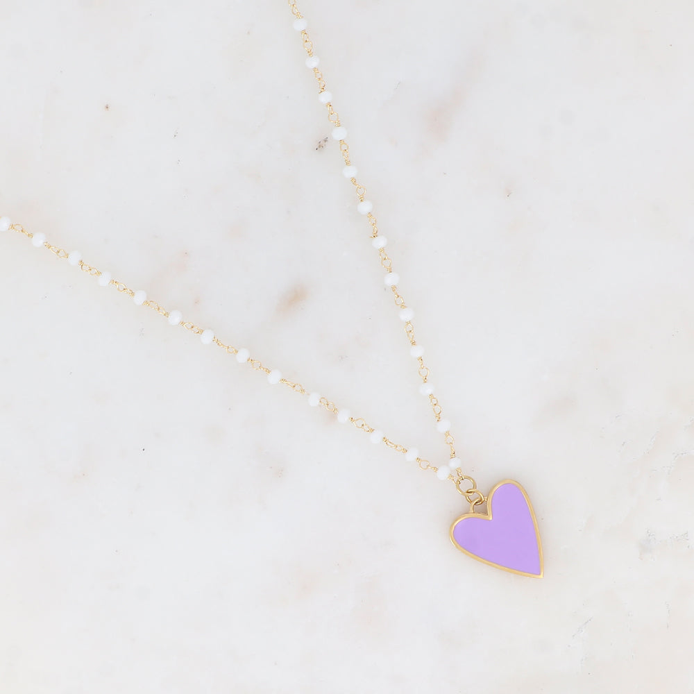 Collier avec pâtes de verre et pendentif forme cœur émaillé (37.5+5CM)