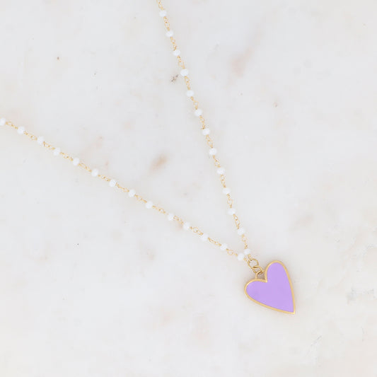 Collier avec pâtes de verre et pendentif forme cœur émaillé (37.5+5CM)