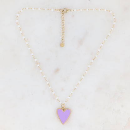 Collier avec pâtes de verre et pendentif forme cœur émaillé (37.5+5CM)