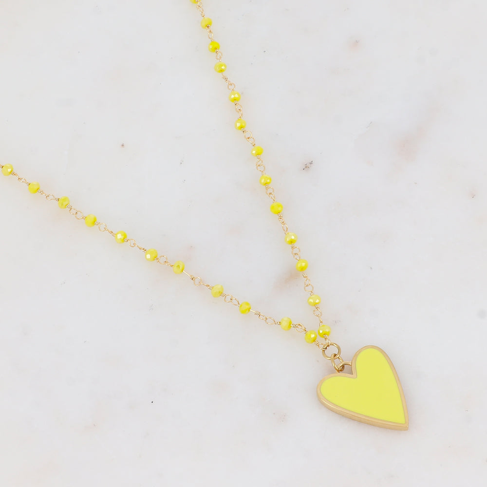 Collier avec pâtes de verre et pendentif forme cœur émaillé (37.5+5CM)