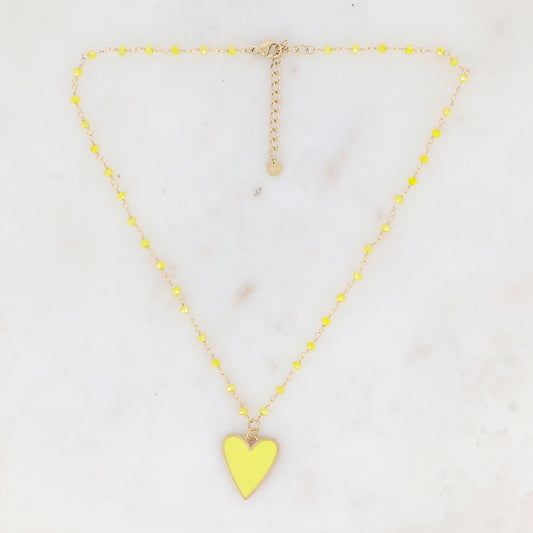 Collier avec pâtes de verre et pendentif forme cœur émaillé (37.5+5CM)