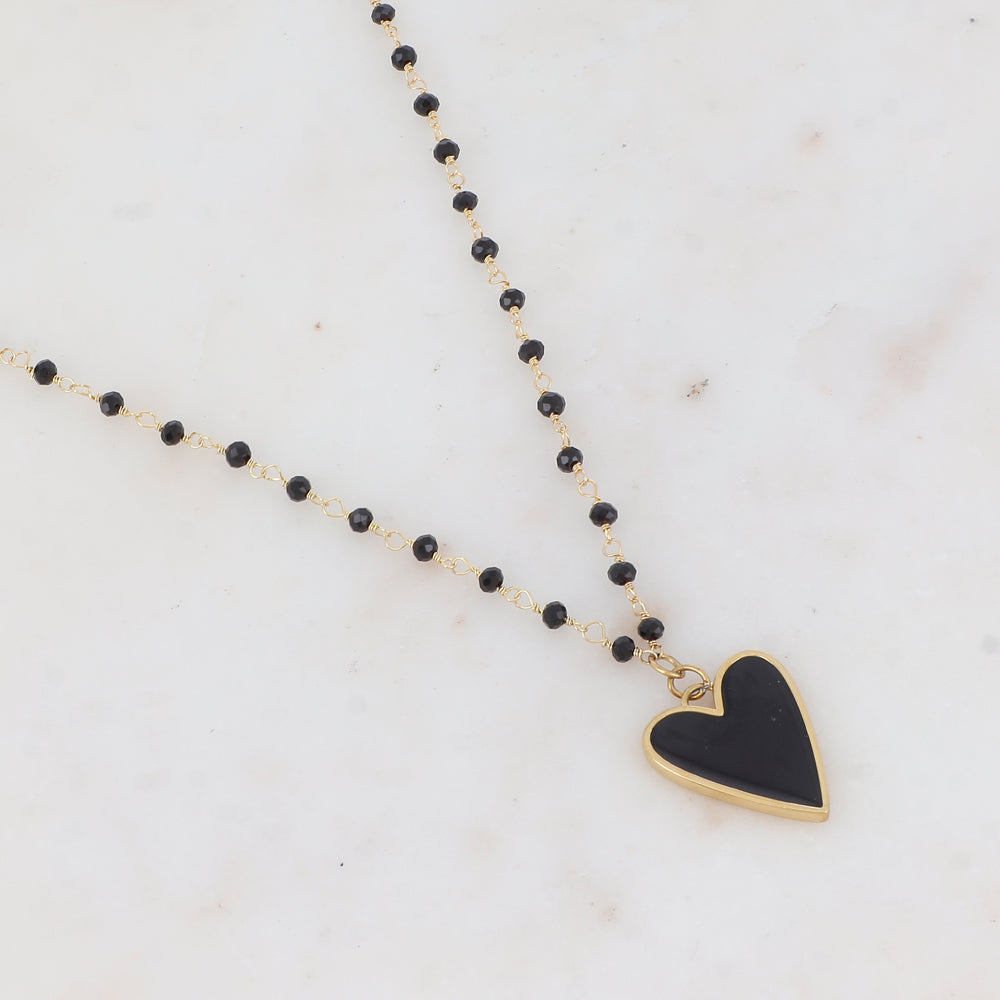 Collier avec pâtes de verre et pendentif forme cœur émaillé (37.5+5CM)