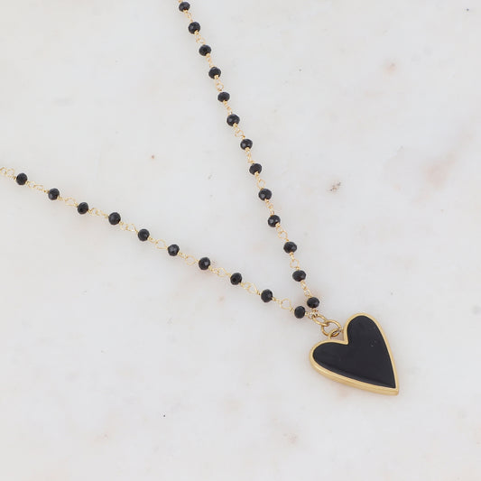Collier avec pâtes de verre et pendentif forme cœur émaillé (37.5+5CM)