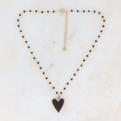 Collier avec pâtes de verre et pendentif forme cœur émaillé (37.5+5CM)