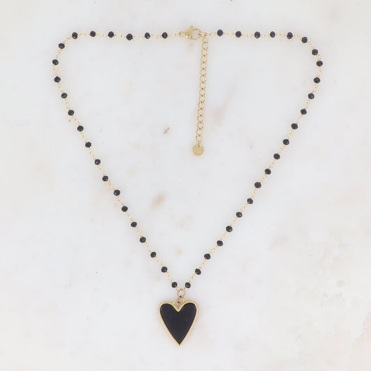 Collier avec pâtes de verre et pendentif forme cœur émaillé (37.5+5CM)
