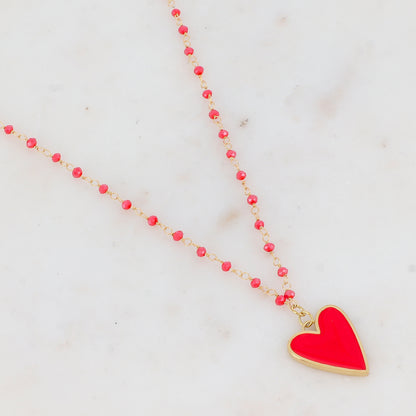 Collier avec pâtes de verre et pendentif forme cœur émaillé (37.5+5CM)