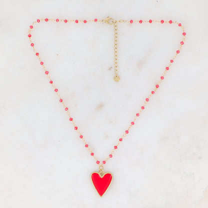 Collier avec pâtes de verre et pendentif forme cœur émaillé (37.5+5CM)