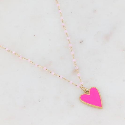 Collier avec pâtes de verre et pendentif forme cœur émaillé (37.5+5CM)