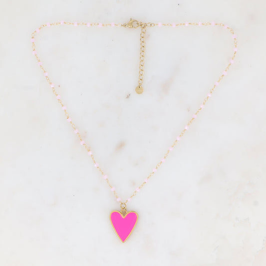 Collier avec pâtes de verre et pendentif forme cœur émaillé (37.5+5CM)