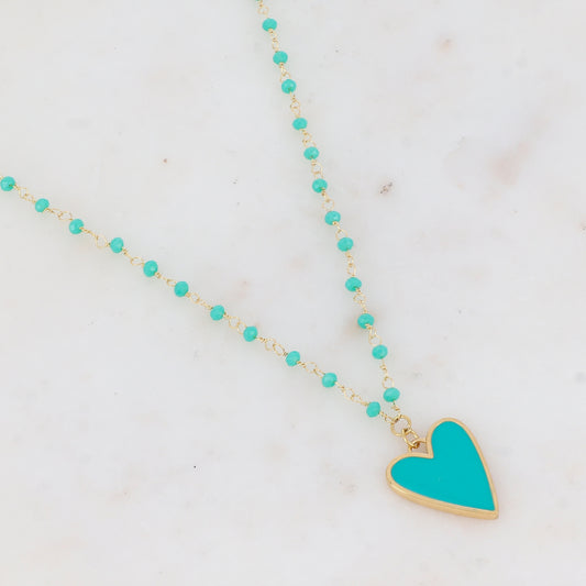 Collier avec pâtes de verre et pendentif forme cœur émaillé(37.5+5CM)