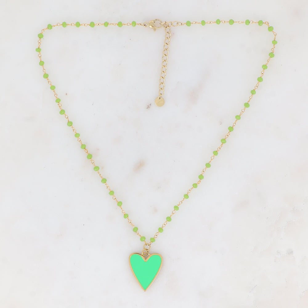 Collier avec pâtes de verre et pendentif forme cœur émaillé (37.5+5CM)