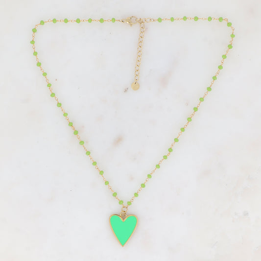 Collier avec pâtes de verre et pendentif forme cœur émaillé (37.5+5CM)