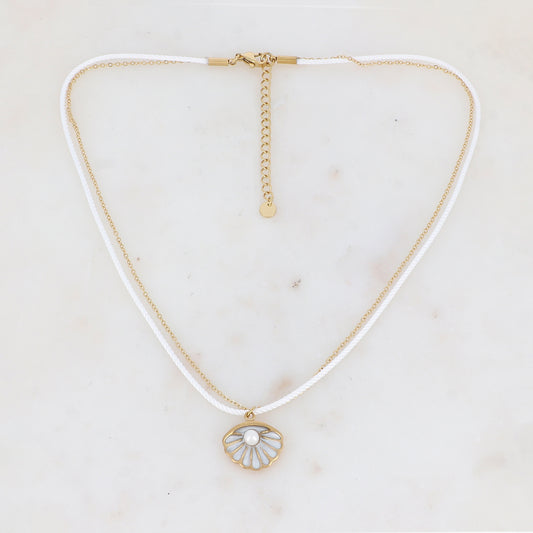 Collier 2 rangs chaine et cordon coloré avec coquillage émaillé et perle en résine