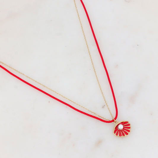 Collier 2 rangs chaine et cordon coloré avec coquillage émaillé et perle en résine
