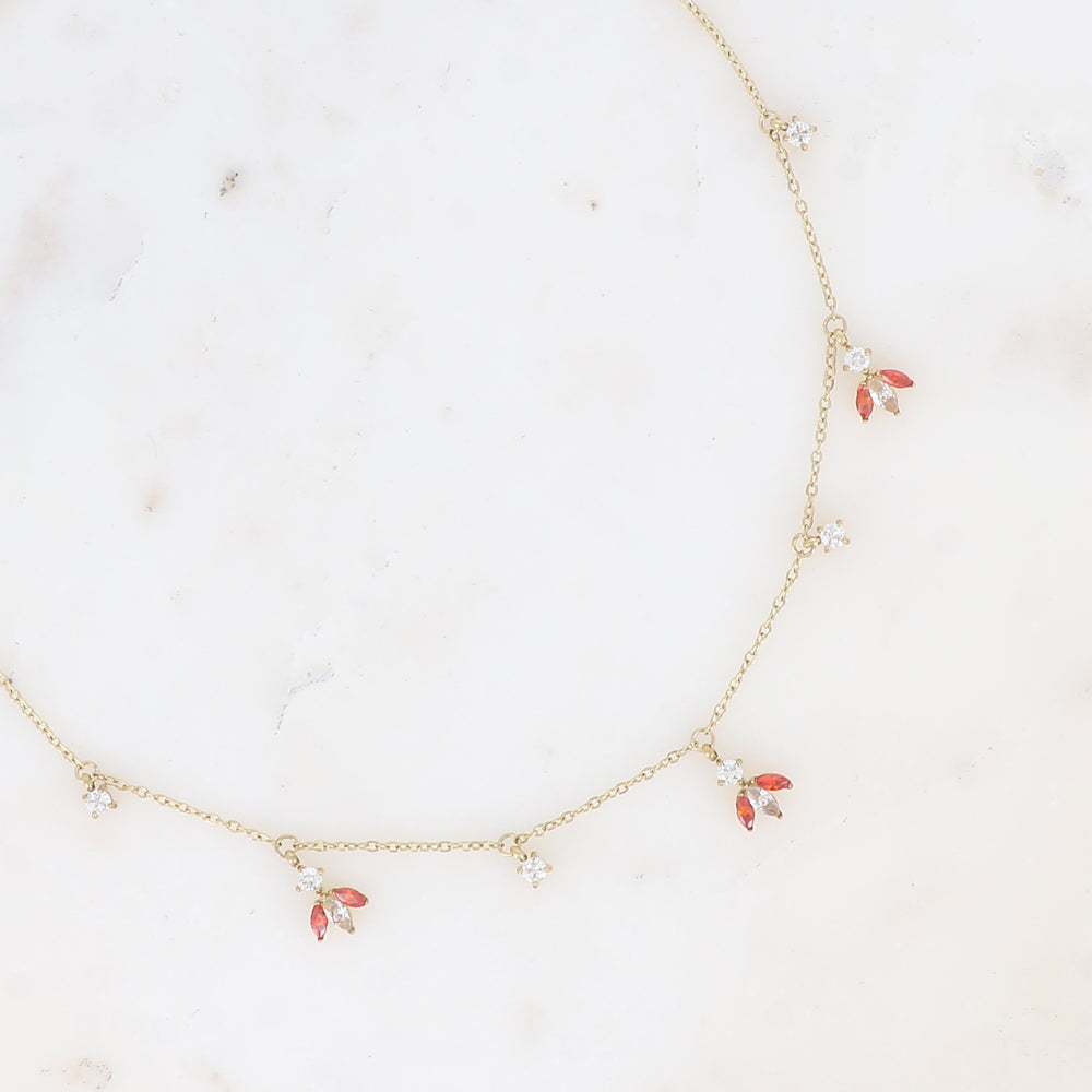 Collier - petites breloques en motif feuillage en oxydes de zirconium blanc et orange 37+7 cm