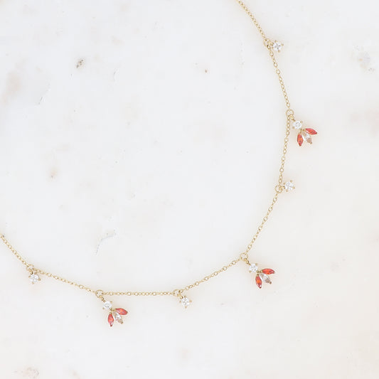 Collier - petites breloques en motif feuillage en oxydes de zirconium blanc et orange 37+7 cm