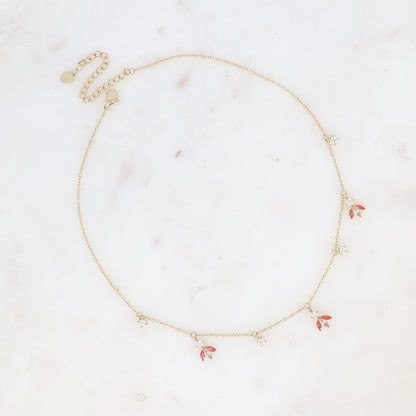 Collier - petites breloques en motif feuillage en oxydes de zirconium blanc et orange 37+7 cm