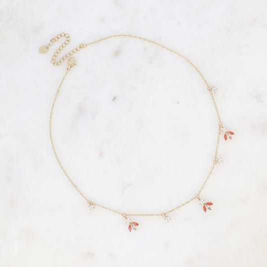 Collier - petites breloques en motif feuillage en oxydes de zirconium blanc et orange 37+7 cm