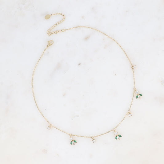 Collier - petites breloques en motif feuillage en oxydes de zirconium vert 37+7 cm