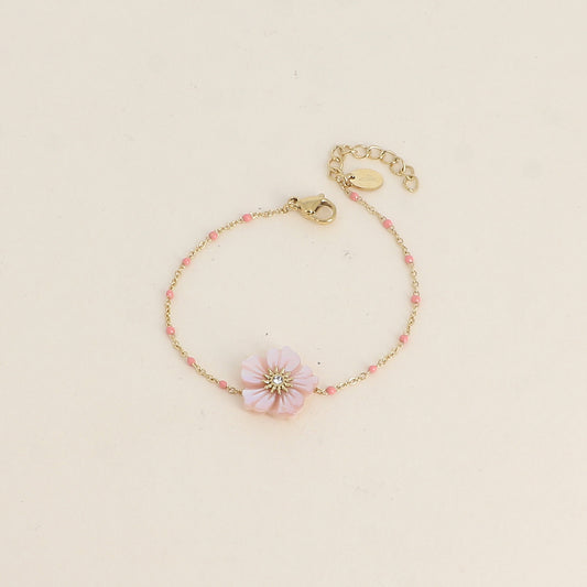 Bracelet - chaîne émaillée et fleur nacrée rose (16+3 cm)