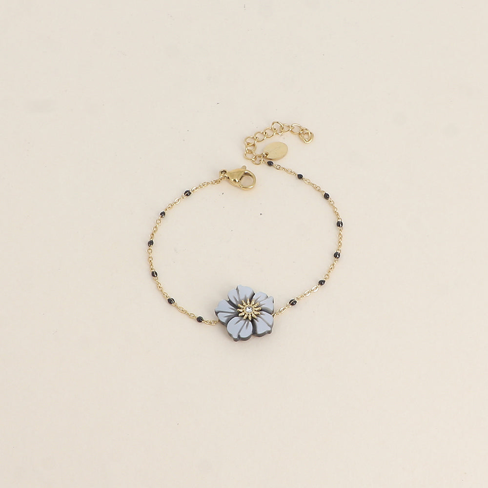 Bracelet - chaîne émaillée et fleur nacrée grise (16+3 cm)