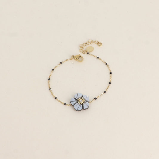 Bracelet - chaîne émaillée et fleur nacrée grise (16+3 cm)