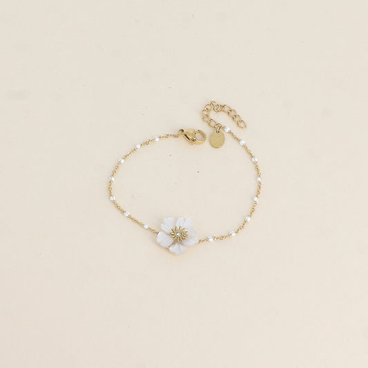 Bracelet - chaîne émaillée et fleur nacrée blanche (16+3 cm)