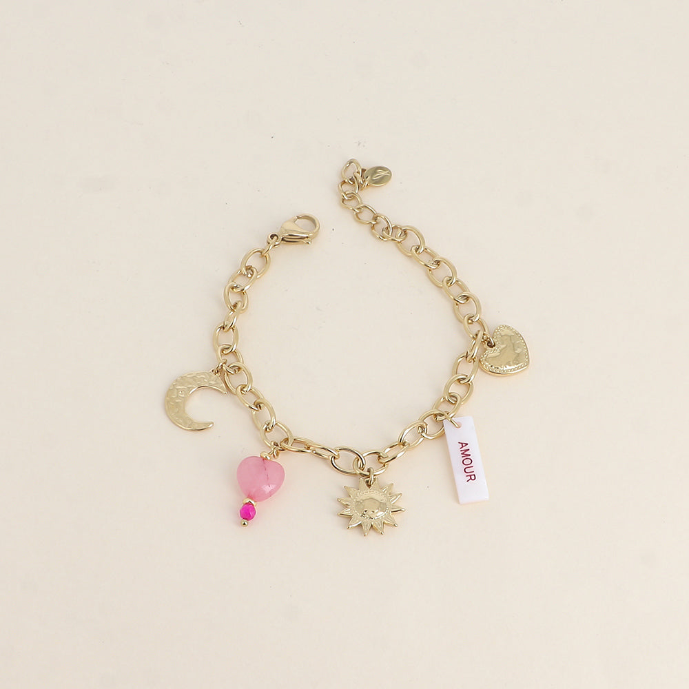 Bracelet - plaquette nacrée avec inscription "AMOUR" en émail, soleil, lune, cœurs (17+3 cm)