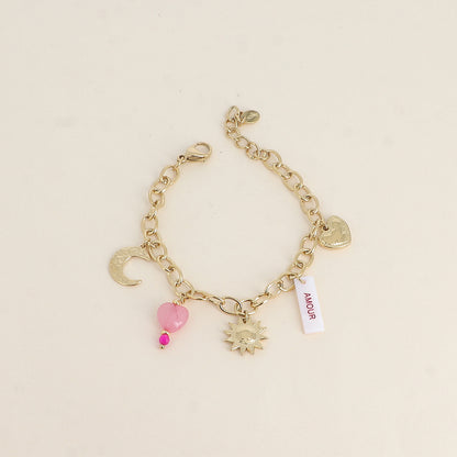 Bracelet - plaquette nacrée avec inscription "AMOUR" en émail, soleil, lune, cœurs (17+3 cm)