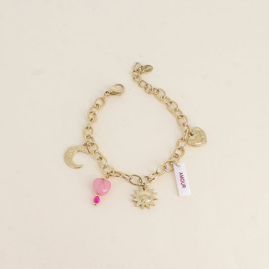 Bracelet - plaquette nacrée avec inscription "AMOUR" en émail, soleil, lune, cœurs (17+3 cm)