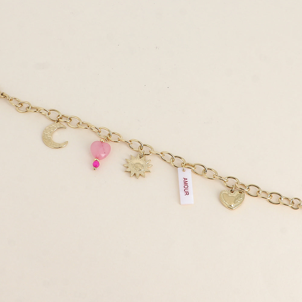 Bracelet - plaquette nacrée avec inscription "AMOUR" en émail, soleil, lune, cœurs (17+3 cm)