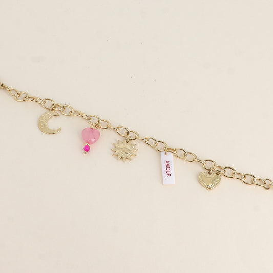 Bracelet - plaquette nacrée avec inscription "AMOUR" en émail, soleil, lune, cœurs (17+3 cm)