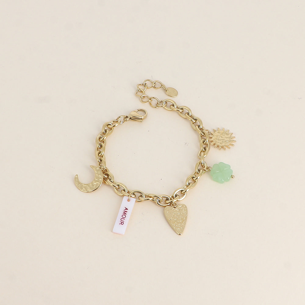 Bracelet - plaquette nacrée avec inscription "AMOUR" en émail, soleil, lune, cœur, trèfle (17+3 cm)