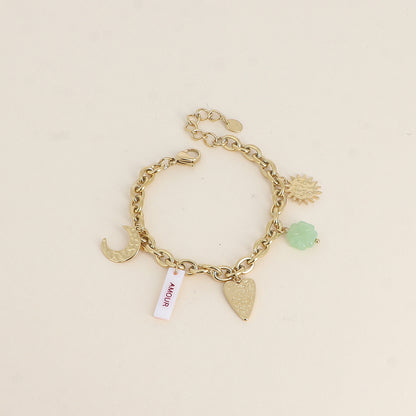 Bracelet - plaquette nacrée avec inscription "AMOUR" en émail, soleil, lune, cœur, trèfle (17+3 cm)