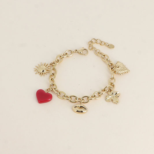 Bracelet - soleil, trèfle, cœur en résine, bouche et cœur texturé (17+3 cm)