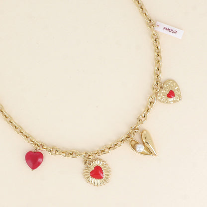 Collier - breloques cœurs en émail, de pierres naturelles et de perles d'eau douce 40+5 cm