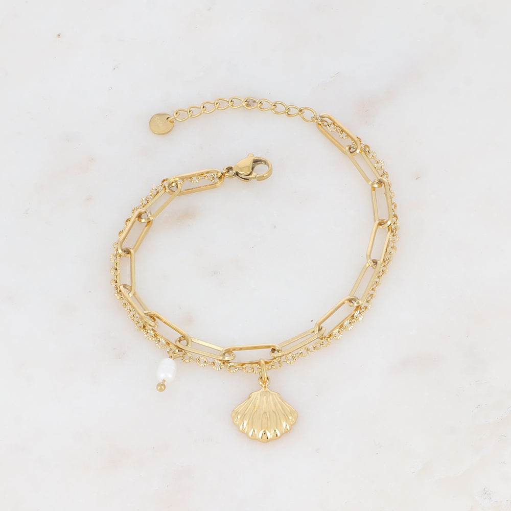 Bracelet 2 rangs avec coquillage et perle d'eau douce