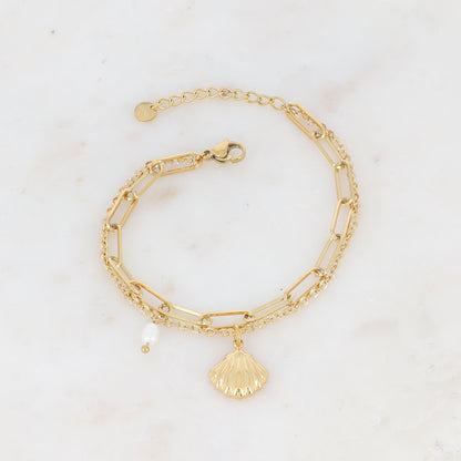 Bracelet 2 rangs avec coquillage et perle d'eau douce