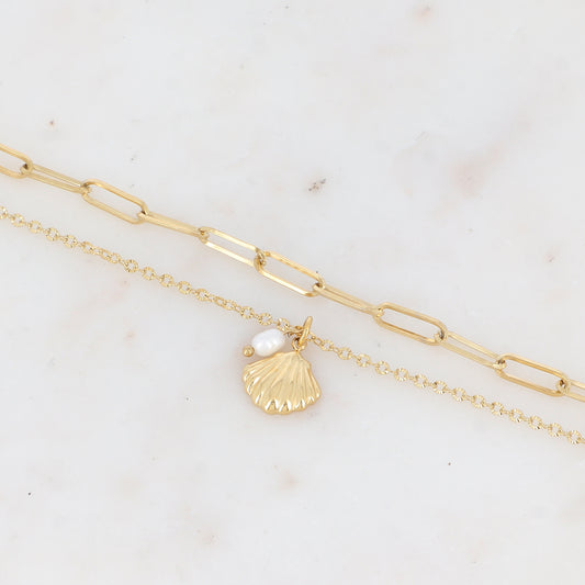 Bracelet 2 rangs avec coquillage et perle d'eau douce