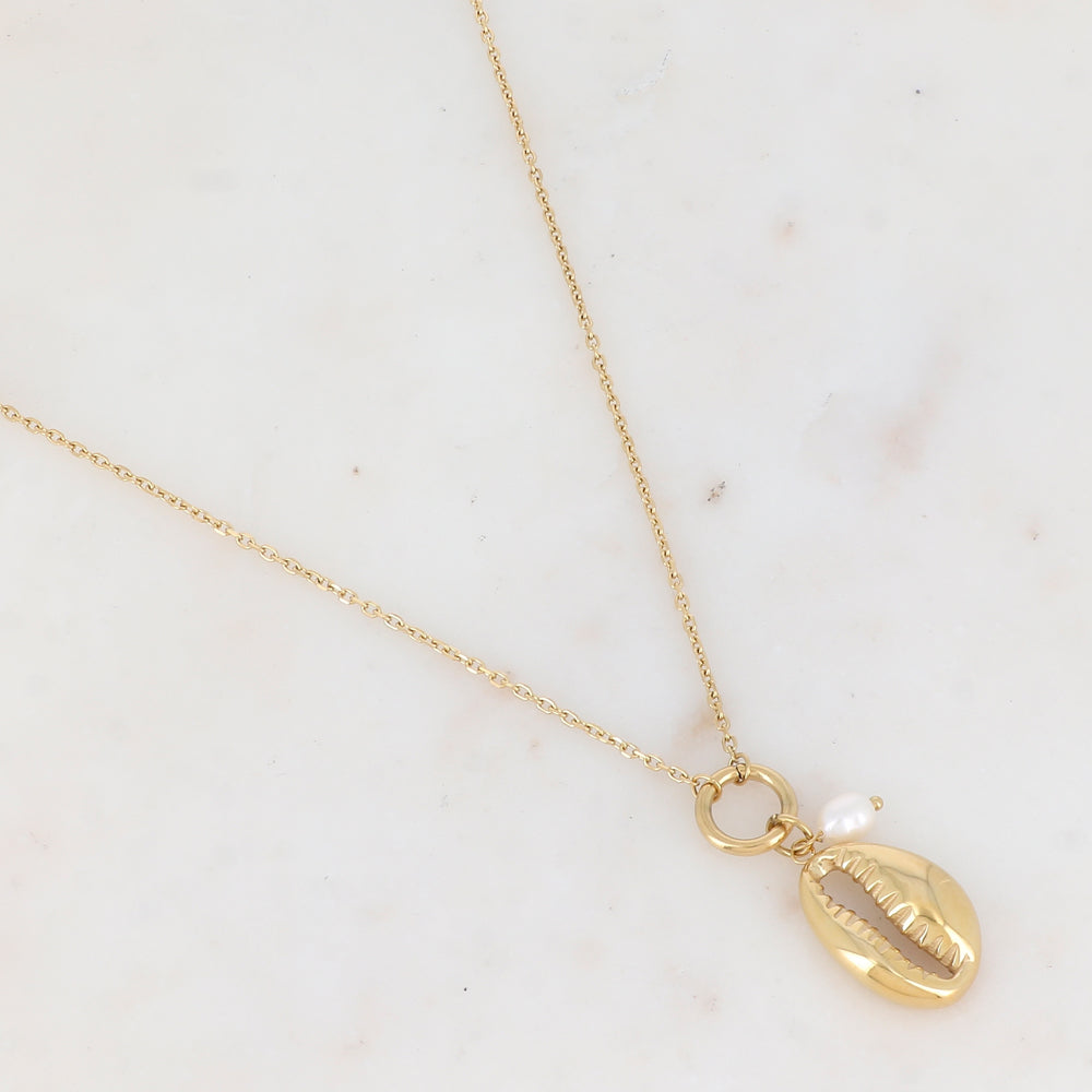 Collier en maille avec coquillage en métal et perle d'eau douce (50+10CM)