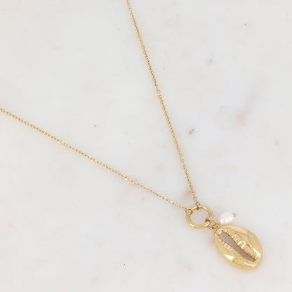 Collier en maille avec coquillage en métal et perle d'eau douce (50+10CM)