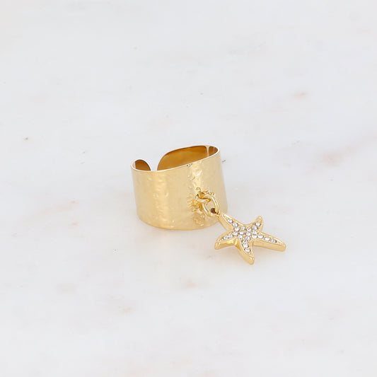 Bague martelée avec pampille étoile de mer strassée
